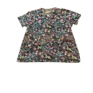 WonderFlex Womens Scrub Top Medium Black Neon Floral‎ V-Neck Short Sleeve Pocket